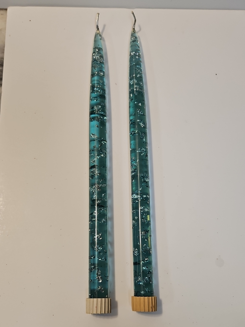 MCM LUCITE TEAL WITH SILVER FLAX 12 INCH, TAPERED CANDLESTICKS.
